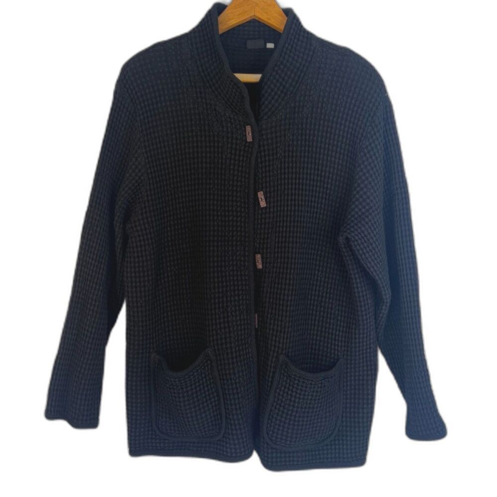 By JJ Waffle Knit Cardigan Black Textured 100% Cotton Neutral Size Large Minimal